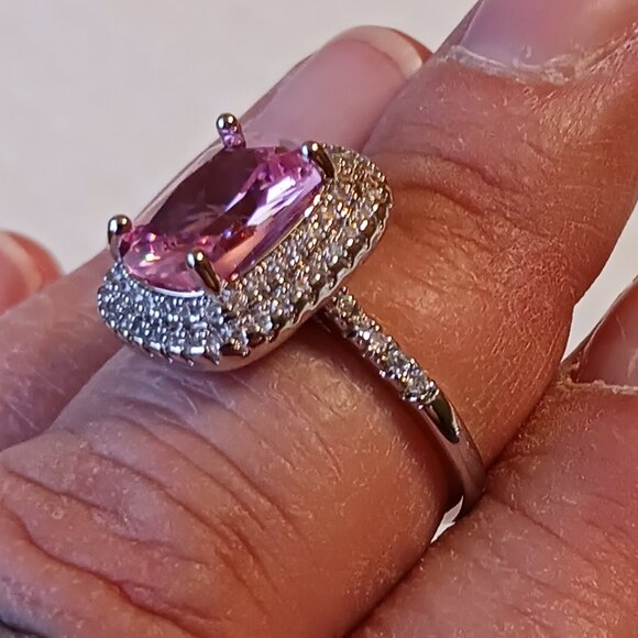 Silver Fashion Statement Halo Pink Tourmaline CZ Ring Size 8.5 NWOT - Picture 13 of 16